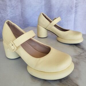 Mary Jane Shoes Womens Size 9.5 Yellow Chunky Heel Strap Round Toe Leather